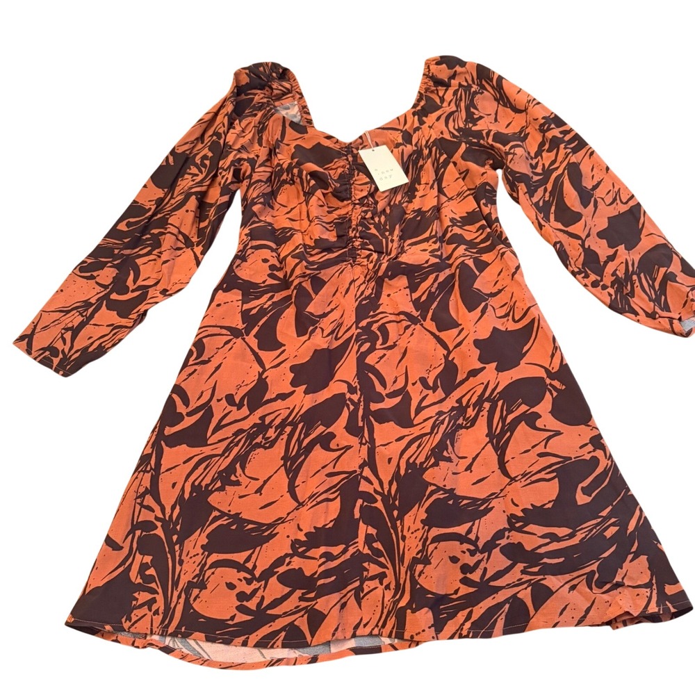 A New Day Womens XL Rust Orange Black Abstract Ruched Sweetheart Mini Dress NWT